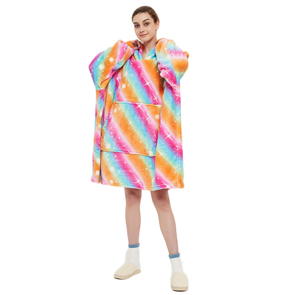 Cute Rainbow Oversized Hoodie Blanket, Ultra Soft Sherpa Large Front Pocket Sweatshirt for Women Girl