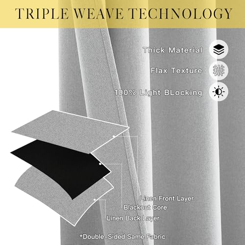 NICETOWN 100% Blackout Linen Curtains for Living Room 2 Panels, Greyish White, W52 x L90 per Panel, Noise Reducing Crisp Structured Faux Linen Curtains for Classroom, Home Office - Image 3