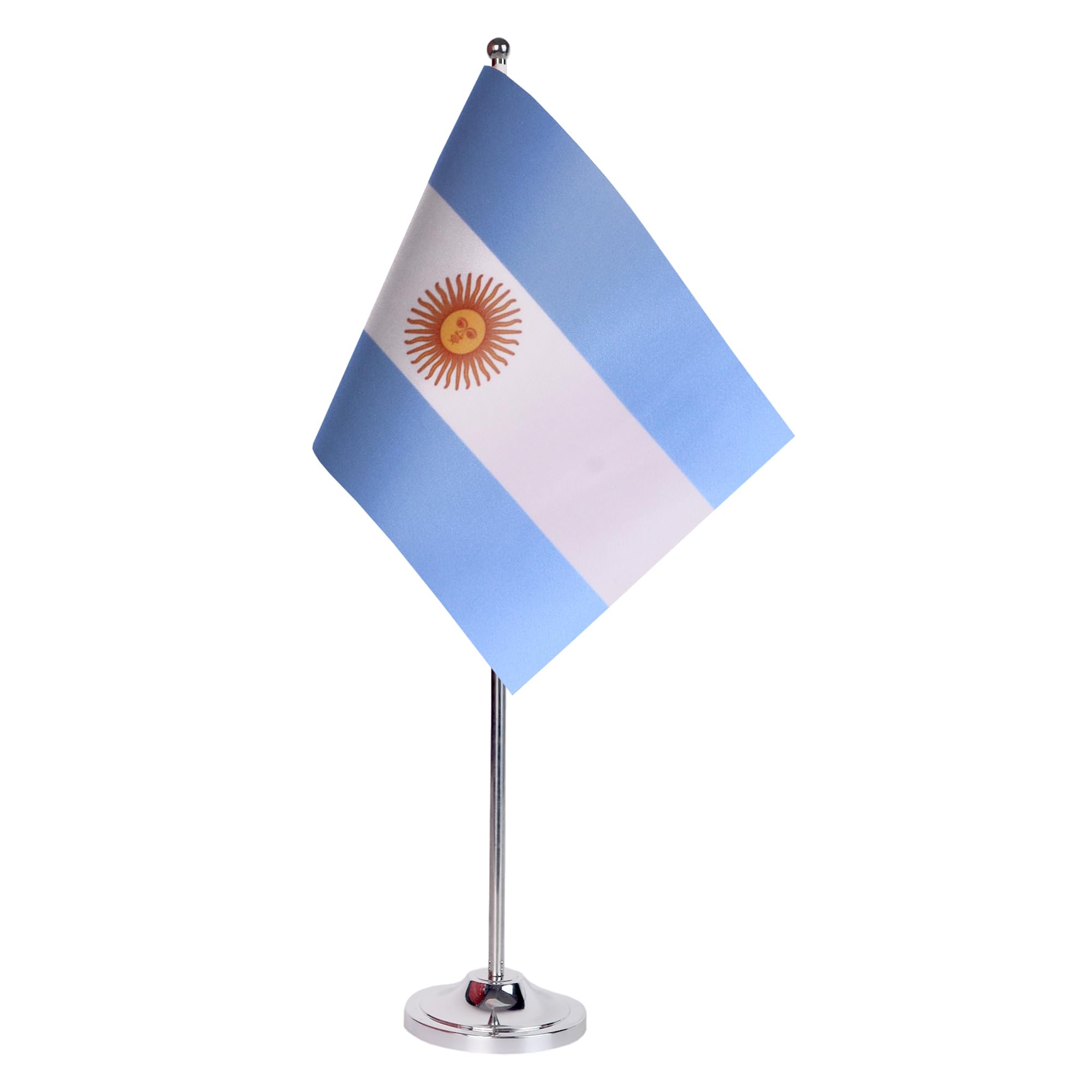 AZ FLAG Bandera de Mesa Argentina 22x15 cm Argentina Satén Base Metal | Uso interior Bandera de escritorio acabado cosido y bordes reforzados con mástil y base metálica