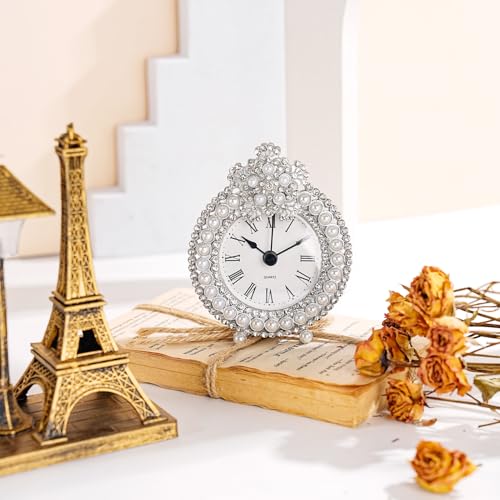 Small Tabletop Clock, Battery Operated Metal Clock with Rhinestone for Bedside, Table, Living Room, Home & Office, Quartz Analog Movement - Image 3