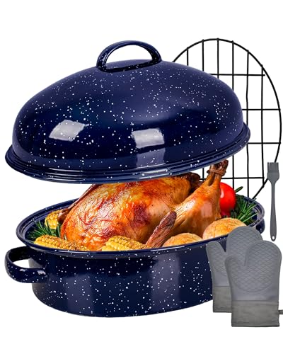 MCCSI Roasting Pan with Lid and Rack 18' Deep Large Oval Enamel Roaster Pan, Oven Dishwasher Safe Non-Stick Non-Toxic Roast Pot for Chicken Turkey Ham Steak Roasts & Bread Valentine Mother's Day Gift