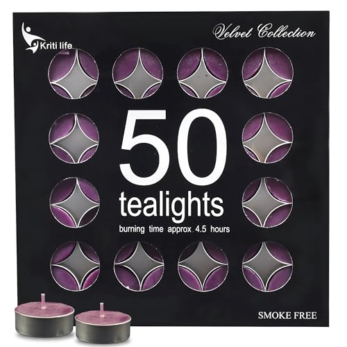 Image of Kriti Life Lavender Scented Tealight Candles 100% Paraffin Wax 4.5 Hours | Smokeless Long Burn Time | Dripless Purple Candles for Home Decoration Set of 50