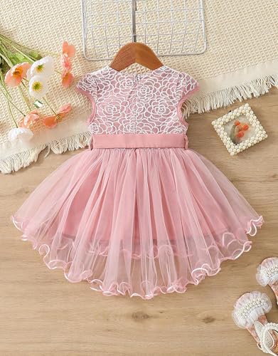 Image of PAMBERSTON Girls Pink Frock Dress | Lace Bodice Round Neck Dress with Bow Waist and Layered Net Skirt | Cute Casual Outfit | Perfect Frock for Parties, Birthday, Wedding