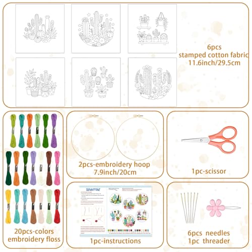 Image of BEUNITONE Cactus Embroidery Kit for Beginners, 6PC Succulent Plant Themed Needlepoint Kits for Adults with Hoops, Threads, Needles, Instructions and Full Kits, DIY Home Decor Craft Gift for Adults
