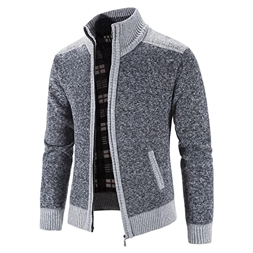 Image of Lu's Chic Men's Long Sleeve Cardigan Sweater Thermal Slim Fit Full Zip Quilted Jacket Business Casual Knit Coats Pocket