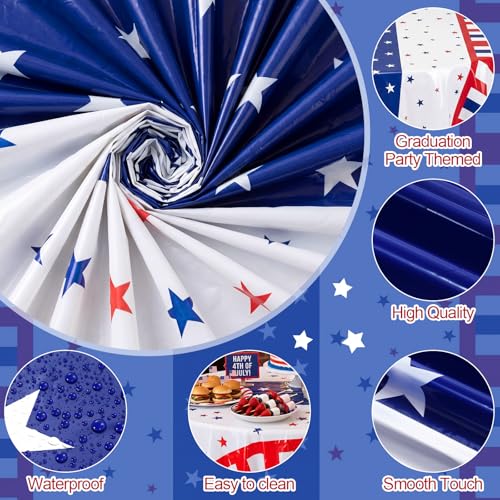 Image of Hahafelt 6 Pcs 4th of July Plastic Tablecloth 84 Inch Red White Blue Patriotic 250th Anniversary Round Disposable Table Cover American Flag Star Circular Tablecloth for Independence Day Decoration