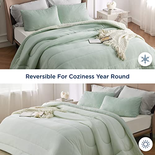 Image of Bedsure Queen Comforter Set - Cooling and Warm Bed Set, Sage Green Reversible Bedding for All Season, 3 Pieces, 1 Queen Size Comforter (88 inchx88 inch) and 2 Pillow Cases(20 inchx26 inch)