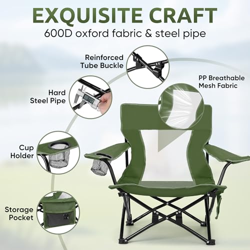Image of HaSteeL Folding Beach Chair Set of 2, Foldable Green Camping Chairs for Outside, Low Beach Chair Portable for Adults Fishing, Picnic, Outdoor BBQ, Travel, Sports, Cup Holder & Storage Bag