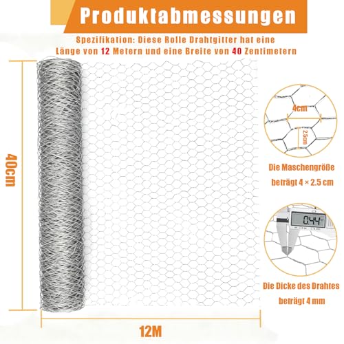 Maschendraht Maschendrahtzaun Hasendraht Kaninchendraht 12 M x 40 cm Drahtgitter Wühlmausgitter Volierendraht Hühnerdraht Mäusegitter Kükendraht Maschengröße 2,5 x 1,5 mm