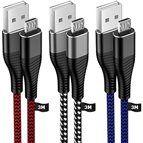 Micro USB Cable 3M 3Pack, HUNYYN Long Android Charging Cable, Nylon Braided Micro USB Charger Lead for PS4/PS4 Pro /PS4 Slim Controllers, Samsung Galaxy S6/S7, Kindle Fire, Xbox One and More Cover