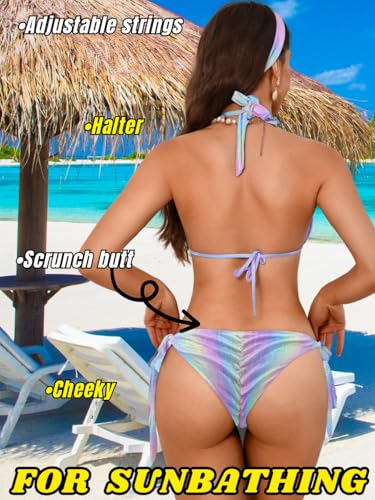 Womens Sexy Triangle Metallic Bikini Set, Crystal Rhinestone Headband Halter Swimsuit, Cheeky Tie Ruched Bathing Suit3