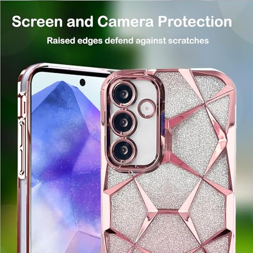 Image of VONZEE Gradient Glitter Clear Case for Samsung S25 Plus, Luxury Electroplated 3D Cube, Diamond Bling Shiny Soft TPU Clear Shockproof Women Girls Protective Phone Cover (Rose Gold)