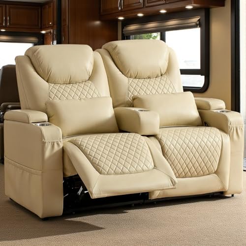 AZXZCS RV Loveseat Recliner, Wall Hugger Recliner Sofa PU Leather with Removable Armrests and Pillows for RVs, Living Rooms, and Home Theaters (Beige, Row of 2)