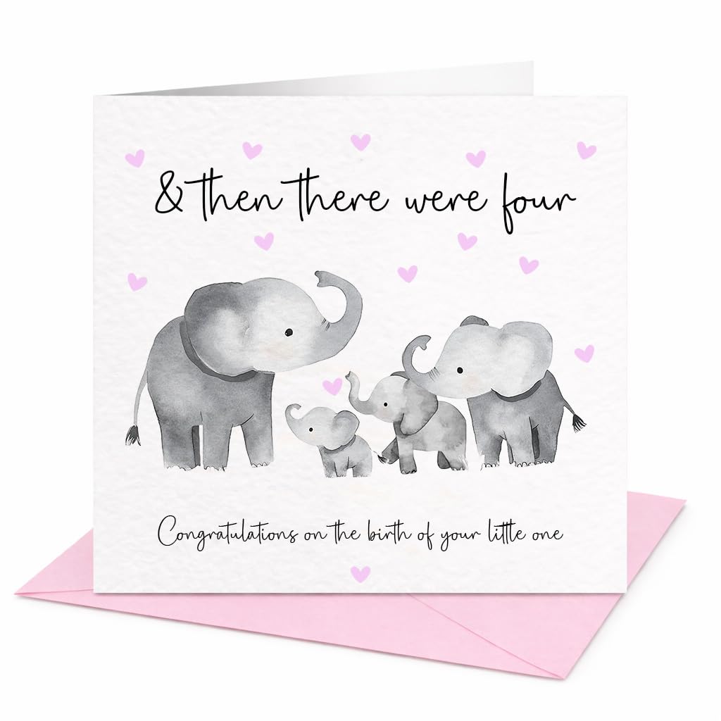 And Then There Were Three/Four Elephant Themed New Baby Card, Set of 9 (Pink 4)