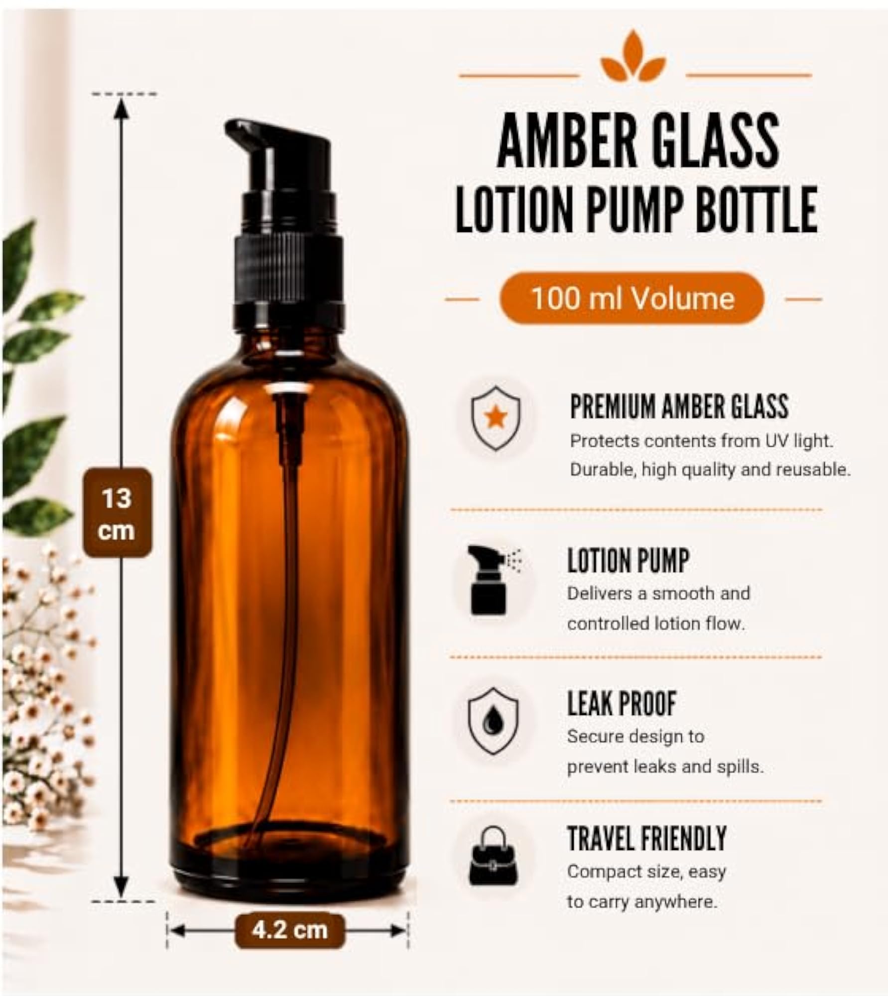 Amber Color Empty Glass Round Bottle with Lotion Pump, Pack of 3