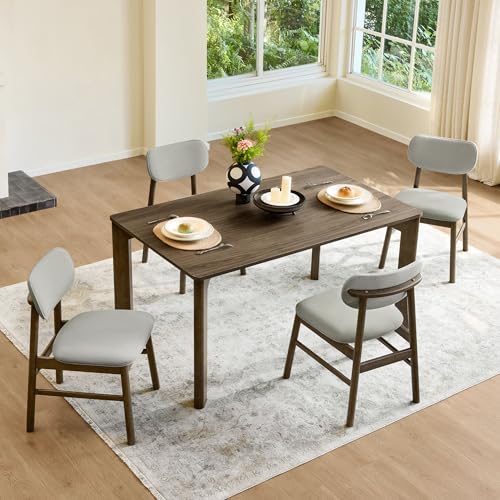 Image of CHITA 59 inch Mid Century Modern Dining Table for 6, Rectangle Wood Kitchen & Dining Room Table, Solid Rubberwood Frame, Walnut Venner