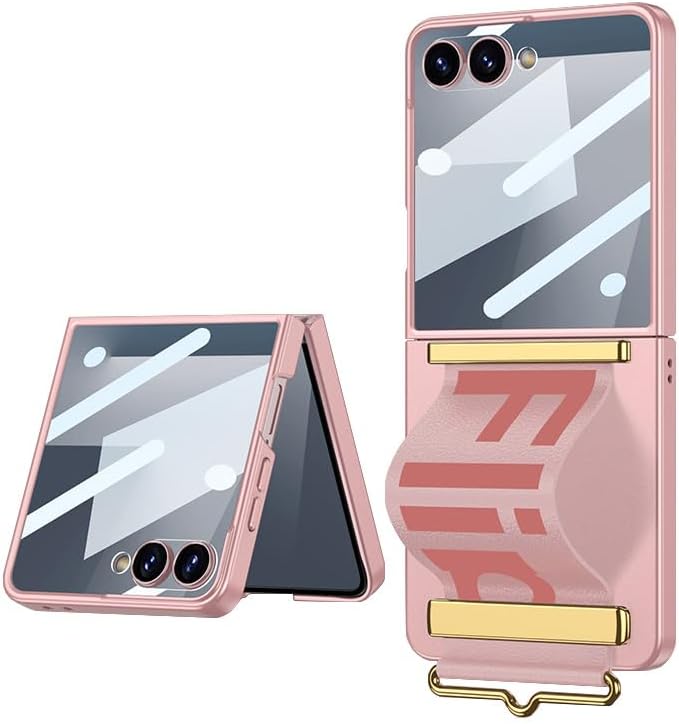 Fold Phone Case for Samsung Galaxy Z Flip 7, Retractable Leather wriststrap, Built-in Glass Screen Protector, Protective Shell for Flip7 (Pink,Samsung Galaxy Z Flip7)