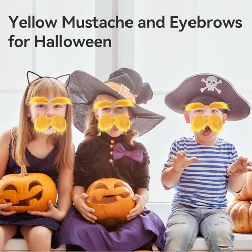 2 PCS Yellow Mustache and Eyebrows with Spare Tape, 2 Novelty Realistic Yellow Fake Mustache Beard and Eyebrows for Adults, Halloween Cosplay Costume Party Favors4