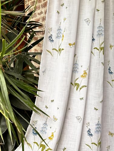 Image of Tranquebar Curtain Co. Sheer Curtains 7 Feet Long Set of 2, Linen Textured Sheer Fabric, 20-30% Light Filtering, Blue Floral Print, White Sheer Curtains 7 Feet, BackTabs, Titli (213 cm) - Set of 2