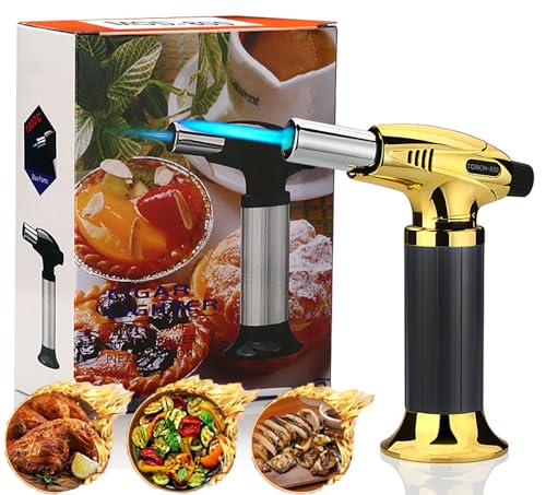 Soplete de Cocina Profesional Recargable, Torcha Butano con Bloqueo de Seguridad y Llama Ajustable para Cocina, Postres, Barbacoa y Camping (Gas No Incluido) （Dorada）