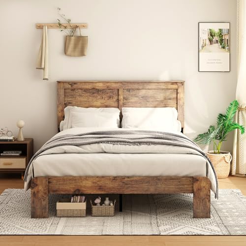Image of Bellemave Rustic Vintage Full Size Bed Frame with Headboard,Wooden Platform Bed Frame Full Size with Wood Slats,Easy Assembly,Dark Brown
