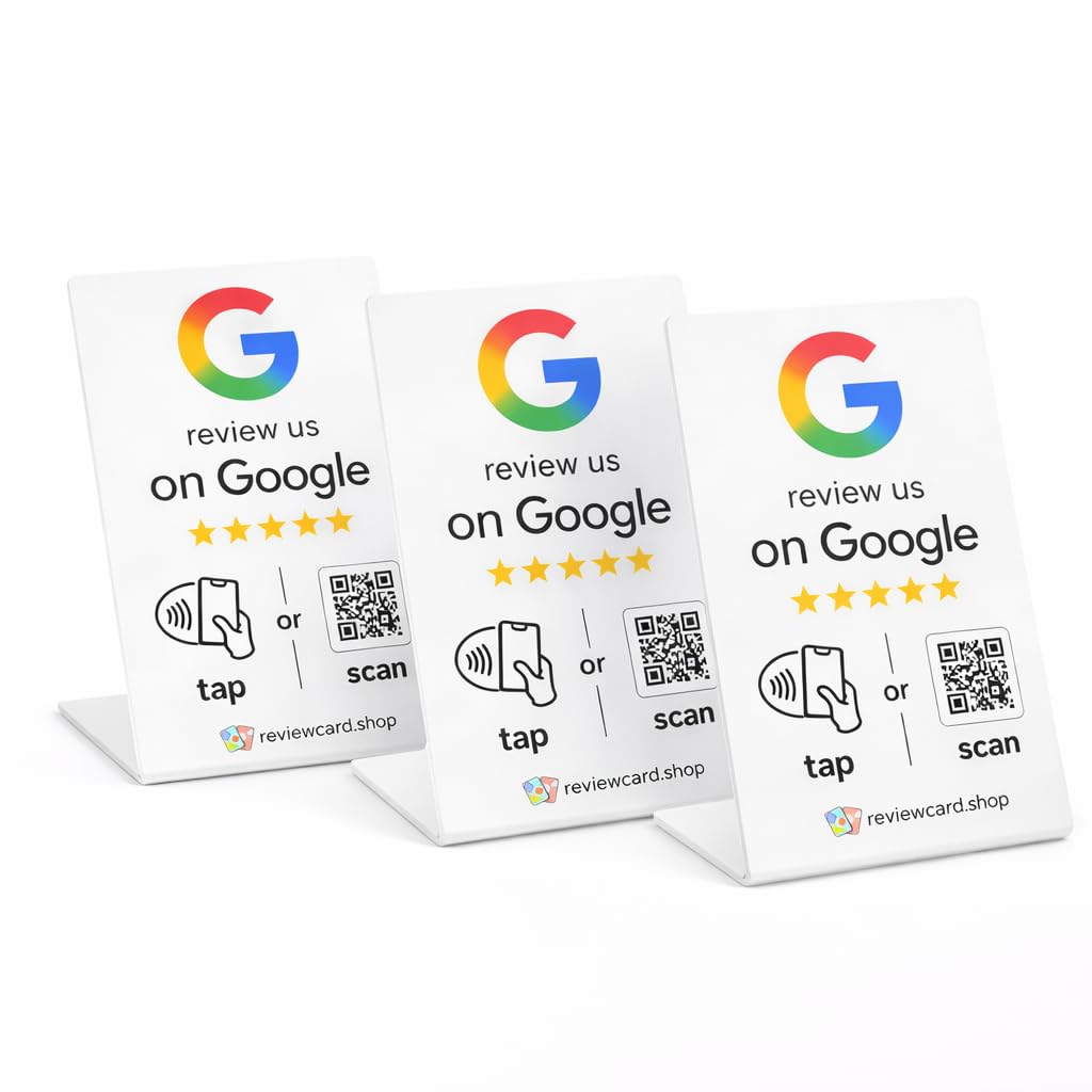 Tap to Review NFC + QR Review Card | Contactless Review Card | Collect 5* Reviews & Rank at The Top of The Search (White Stand, 3 Piece)