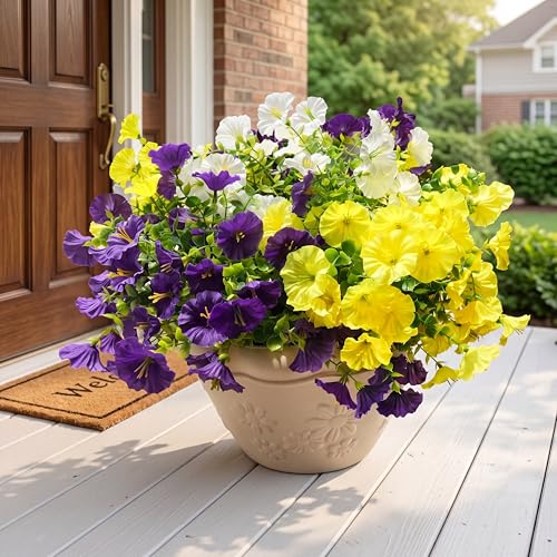 Image of Artificial Flowers for Outdoors, UV Resistant Fake Silk Morning Glory, Realistic Faux Plants for Outside Porch Patio Window Box Hanging Planter (12, Purple White Yellow)