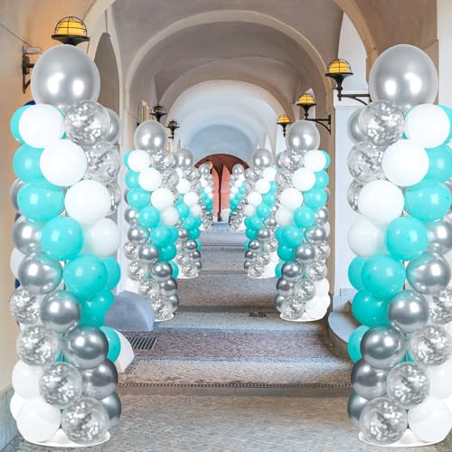 Image of 2 Sets Teal Blue Silver White Balloon Column Stand Kit with 102 Balloons Adjustable Balloon Tower Stand with Bases for Floor Confetti Silver Balloons Column Kit for Graduation Birthday Party Decor