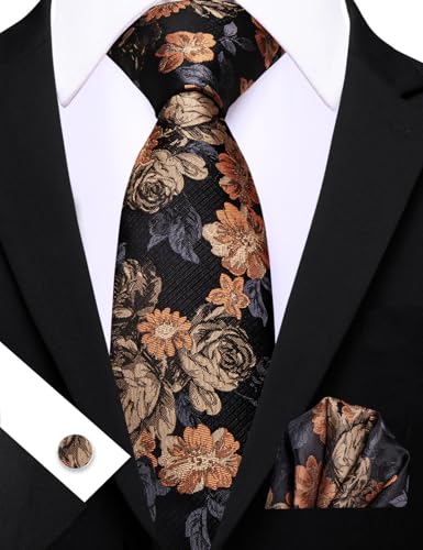 Image of Barry.Wang Flower Ties for Men Silk Woven Floral Tie Sets Necktie Handkerchief Cufflinks Wedding Party