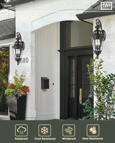 Image of Outdoor Light Fixtures, HWH Exterior Wall Sconce Lantern with Seeded Glass, 29'' Large Outdoor Wall Lamp Antique Porch Light for Patio Garage Entryway, Matte Black Finish, 5HW90B-L BK