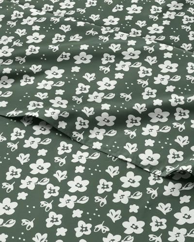 Image of Twin 3 Piece Floral Sheet Set - Soft, Breathable & Cooling - Green Meadow | 1 Flat, 1 Fitted & 1 Pillowcase w / Deep Pockets, Boho Botanical Floral Bedding, Breathable & Cooling, Wrinkle & Fade Free