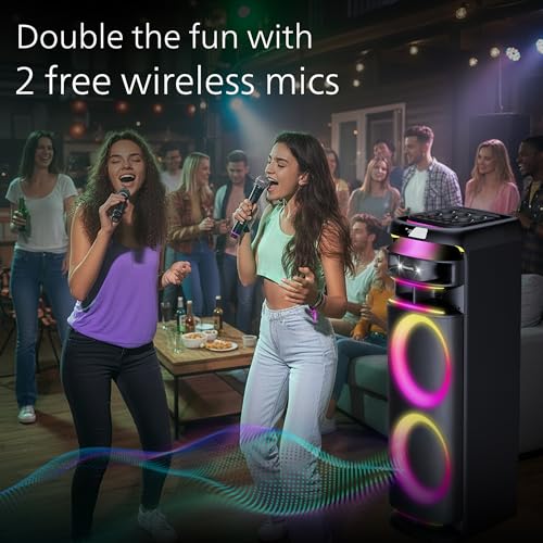 Image of Philips TAX5004 500W Bluetooth Party Speaker with 2 Free Wireless Mic, Powerful Sound, Deep Bass, RGB Lights, LED Display, Portable Loudspeaker with USB, AUX, DJ Party Effects for House Party