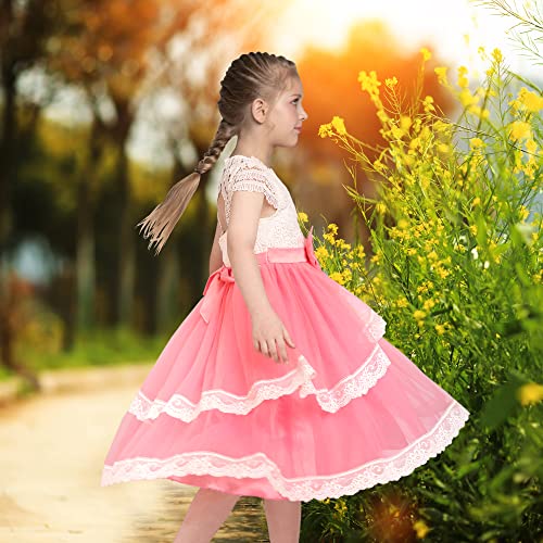 Sunny Fashion Flower Girls Dress Lace Pink Hollow Back Layered Ribbon Bow Tie4