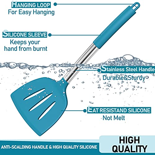 Image of Silicone Cooking Kitchen Utensil Set, Umite Chef 34pcs Heat Resistant Kitchen Utensils with Holder, Kitchen Spatula Set with Wooden Handle, Kitchen Gadget Tools for Nonstick cookware (Blue)