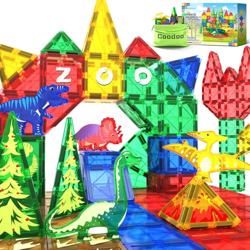 Coodoo Dinosaur Toys Magnetic Tiles Jungle Dinosaur World Starter Set - Kids Games Boys Ages 3-5 4-6 Girls STEM Magnetic Blocks Preschool Sensory Creative Toddlers Kids Toys