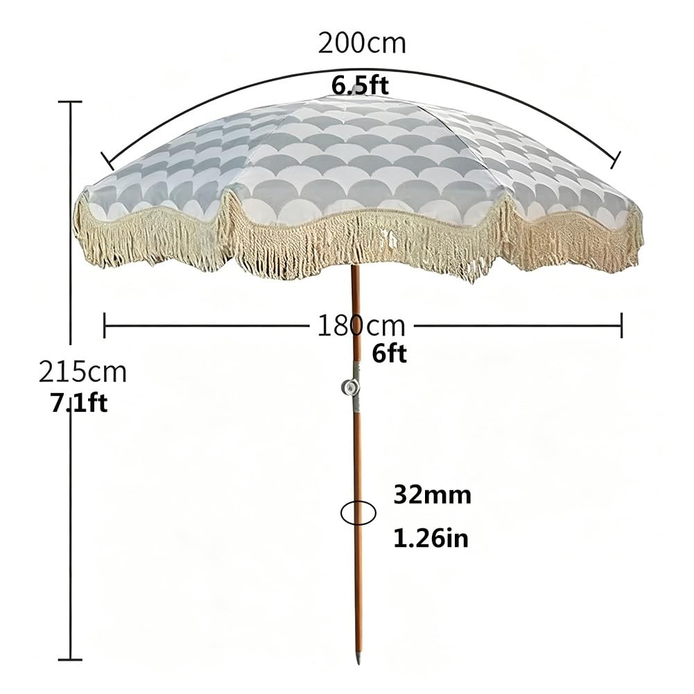 Parasol Plażowy w Boho 200 cm z Frędzlami, Przenośny Parasol Ogrodowy z Regulowanym Drewnianym Trzonkiem na Basen, Podwórko, Taras