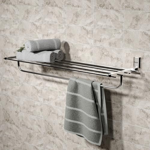 Image of Ruhe 24 Inch Erica Bathroom Towel Rack /Towel Holder /Towel Stand | Wall Mounted Shelf with Hanging Rod, Durable Metal with Chrome Finish