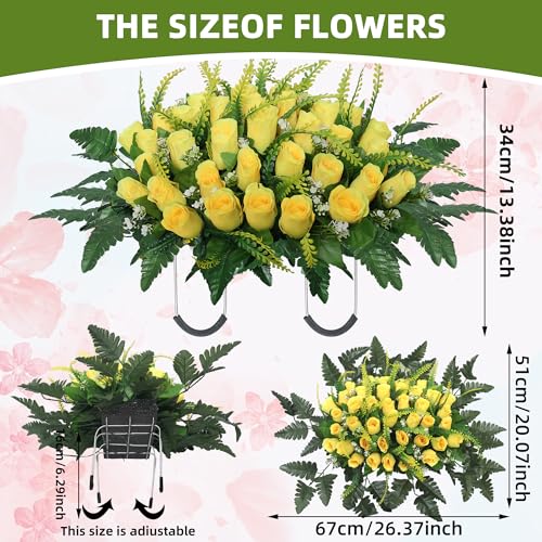 Cemetery Headstone Flower Saddle,Tombstone Flower,Outdoor Grave Saddle Headstone Decorations,Cemetery Memorial Flowers for Outdoor Gravesite Tombstone Decorations (Yellow) image 3