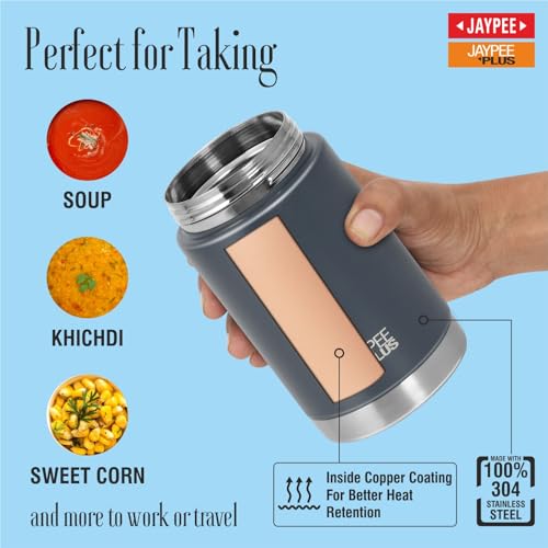 Image of Jaypee Plus Nutri Jar Stainless Steel Vacuum Insulated Food Jar With Bag & Spoon|Hot And Cold Thermal Flask|Double Wall Scratch Resistant Ideal for Office, School, Gym & Travelling| 550 ml,Bottle Grey