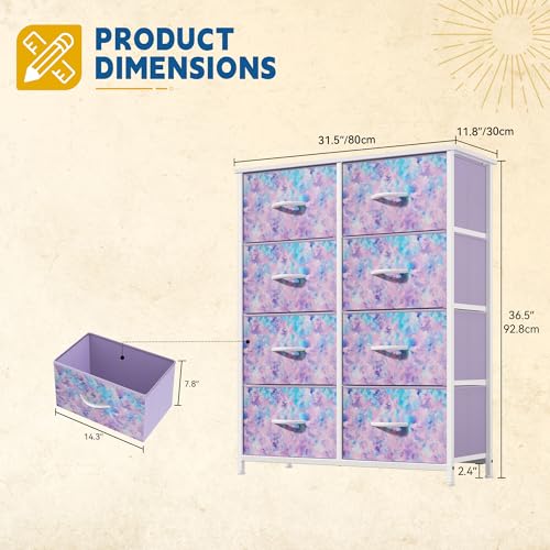DWVO Dresser with 8 Drawers - Fabric Storage Tower, Organizer Unit for Bedroom, Hallway, Closets - Sturdy Steel Frame, Wooden Top & Easy Pull Fabric Bins (Purple)