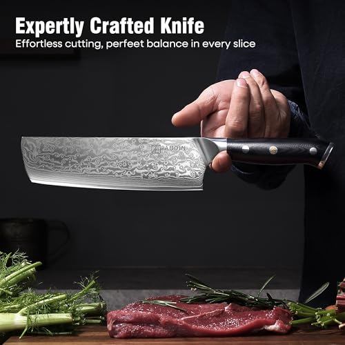 Image of PAUDIN Nakiri Knife 7'', Damascus Chef Knife, Japanese VG-10 Stainless Steel, Kitchen Knife with G10 Full Tang Handle, Razor Sharp 67-Layer Forged Blade
