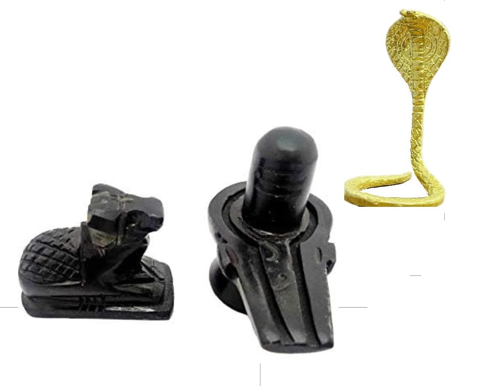 SHIVDEV CRAFTBlack Marble Medium Size Nandi and Shivling with Heavy Pure Brass Naag 4inch Shiva Lingam for Pooja