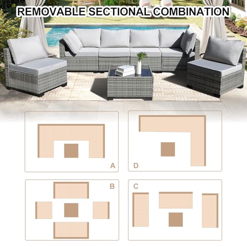 CANMOV 7 Pieces Patio Furniture Sets, All Weather Outdoor Patio Conversation Set PE, Wicker Sectional Rattan Sofa Couch with Glass Coffee Table for Garden, Poolside, Balcony, Backyard, Light Grey - Image 6