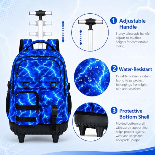 Image of CCJPX Rolling Backpack for Boys, 3Pcs Roller Wheeled School Bookbag, Lightning Wheels Backpacks with Lunch Box for Kids (Blue)