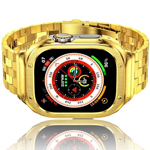 HASLFM Stainless Steel Watch Band and case Compatible with Apple Watch Ultra 2/Ultra(49mm),Men' Metal Rugged Protective Bumper Cover with Strap for iWatch Gold