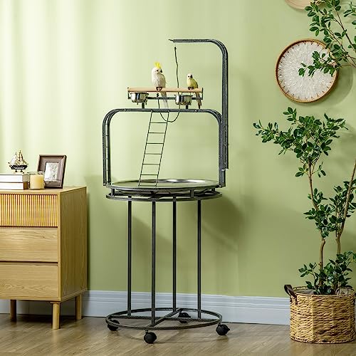 PawHut Parrot Stand Large Bird Perch Stand with Toy Hook & 3 Ladders, Parrot Perch with Easy Grip, Bird Wooden Stand, Gray