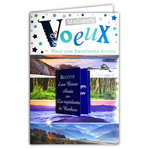 Tarjeta Los mejores deseos para un excelente año Collage en relieve Mini Folleto Recetas Ingredientes de la Felicidad Deseos 4 Estaciones Nieve Invierno Flores Primavera Verano Hojas Otoño Azul