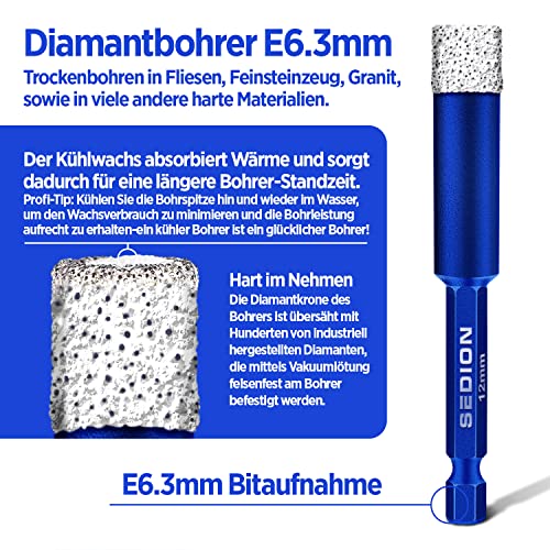 SEDION ® Fliesenbohrer 12mm Sechskant E 6.3 - Bohrer zum Bohren von harte Fliesen - Diamantbohrer 12 mm - Sedion Premium Qualität hochwertige Diamanten - kompatibel mit Bosch Makita uvm. Bohrmaschinen