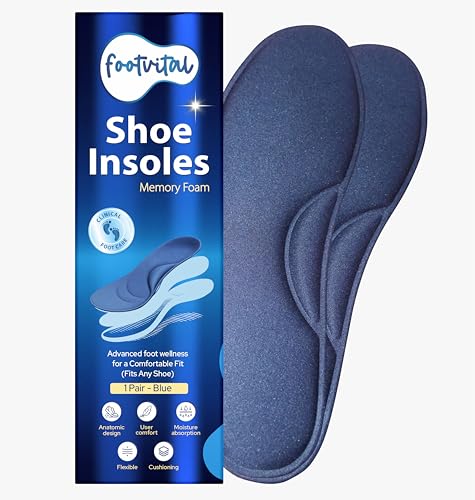 Image of Footvital Memory Foam Shoe Insoles for Men and Women | Soft Cushioned Inserts for Long Standing and Walking | Supports Heel and Arch | Shock Absorbing | Moisture Absorbing | Lightweight Washable Insoles for All Shoes | 1 Pair | Blue | Size 9