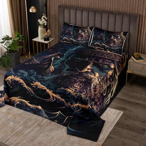 Erosebridal Norse Viking Kids Quilt Set Nautical Theme Bedspread Set Ancient Viking Sailing Boat Coverlet Set Sea Adventure Bedding Set Queen Size for Teen Boys Girls